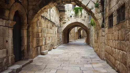 Stone arches cradle a quiet sunlit alley into distant history