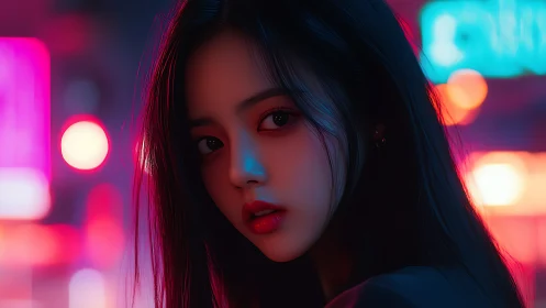 Neon city portrait captures moody gaze in vivid color glow.