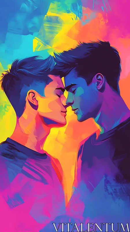 Two men share intimate moment in vivid neon colors.