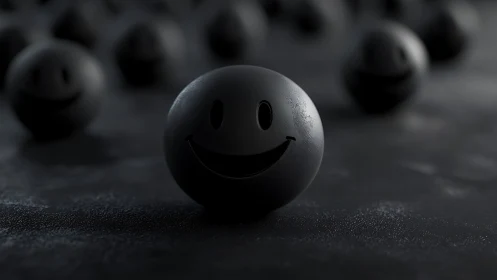 Black spherical smiley face objects on dark textured ground.