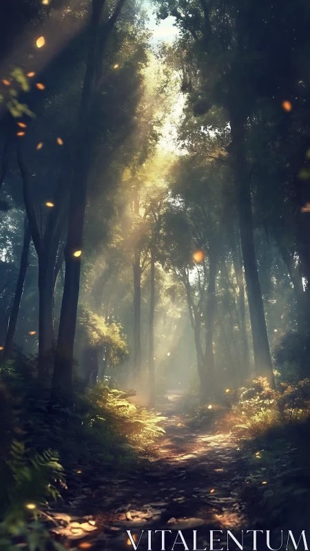 Luminous Forest Corridor: Atmospheric Light Passage.