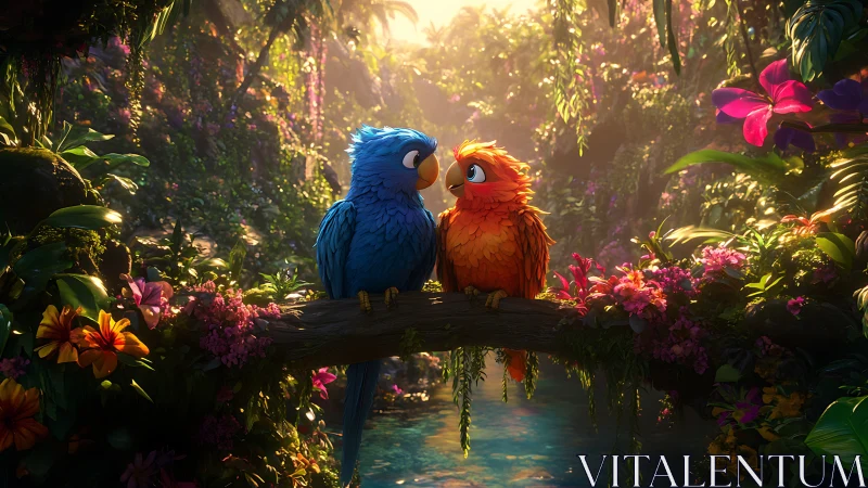 Two stylized parrots sit on a branch in dense tropical foliage