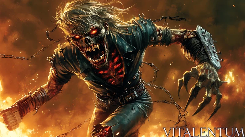 Flaming undead monster lunges forward in fiery chaos.