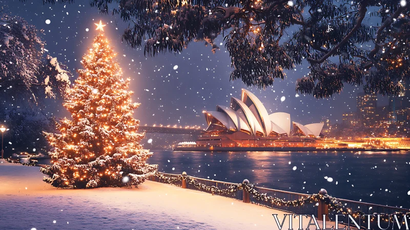 Snow-kissed Sydney tree hums carols beside glowing sails