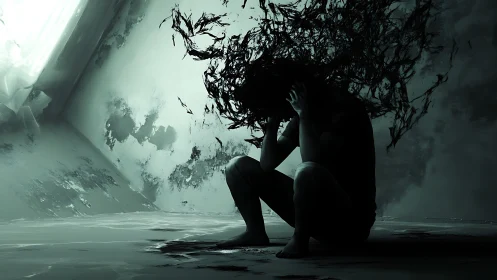 Psychic turbulence rendered as fracturing particulate shadows.