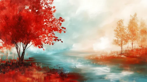 Impressionistic riverbank landscape with crimson and ochre trees
