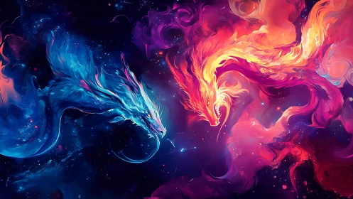 Cosmic dual elemental dragons in nebular fire and ice clash
