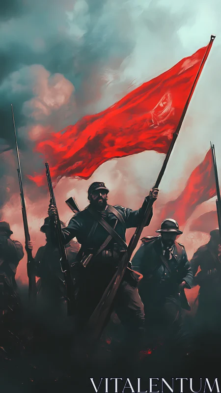 Revolutionary soldiers advance beneath a blazing red banner.