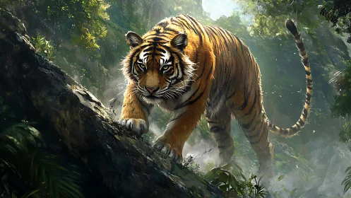 Tiger moving downslope through dense forest habitat.