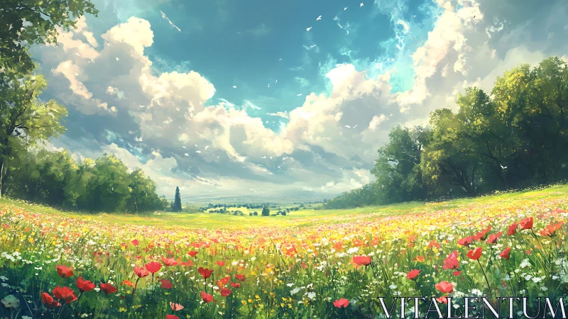 Sunlit wildflower meadow under towering summer clouds.