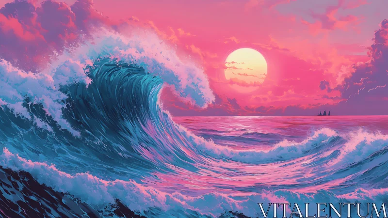 Radiant neon sunset ignites crashing turquoise ocean waves.