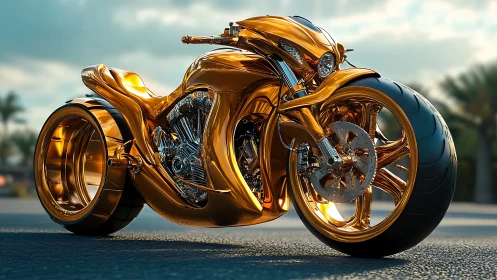 Futuristic gold motorcycle concept with sculpted chrome detail.