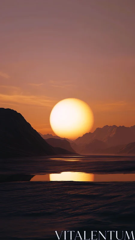 Low-angle sun over stratified mountains with reflective water plane