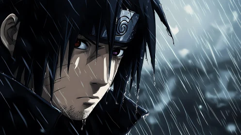 Brooding anime warrior stands in cold rain under dramatic lighting
