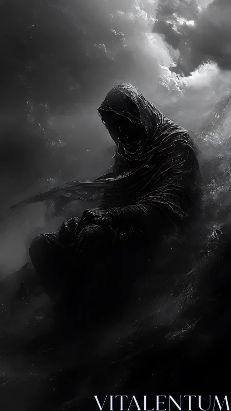 Digital painting of hooded wraith in storm-lashed chiaroscuro.