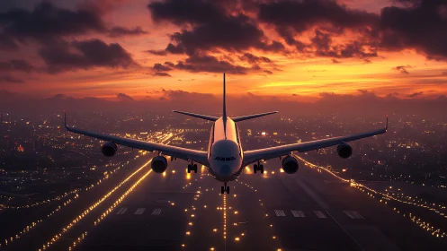 Photoreal jetliner approach over illuminated urban runway at dusk.