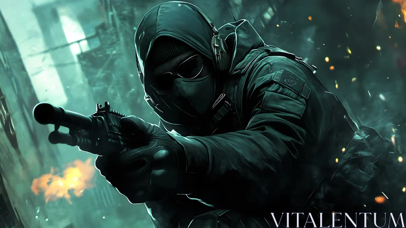 Tactical soldier aiming rifle in smoky urban combat zone.