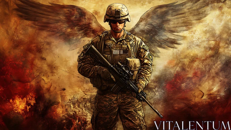 Winged soldier stands steady in a storm of fire and clouds