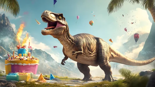 Dinosaur at birthday party with balloons and festive mountain landscape.