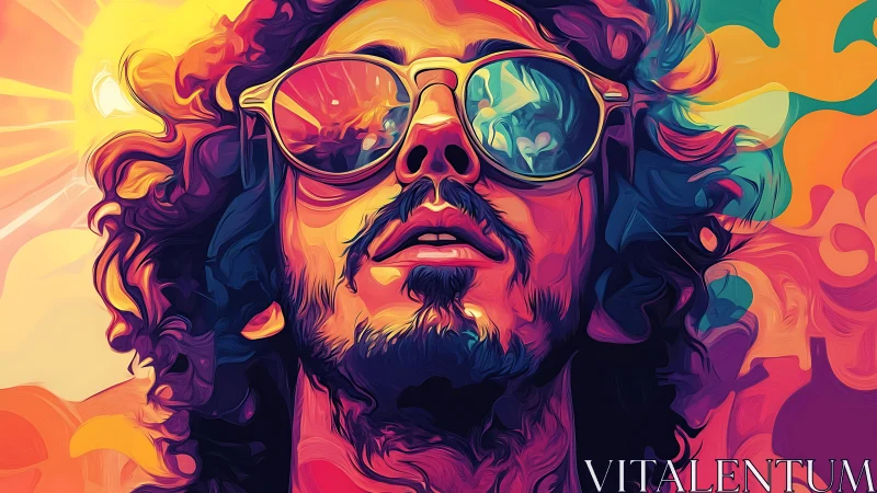 Psychedelic portrait with neon gradients and reflective eyewear.