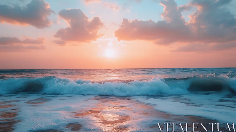 High-saturation ocean surf under pastel orange sunset sky