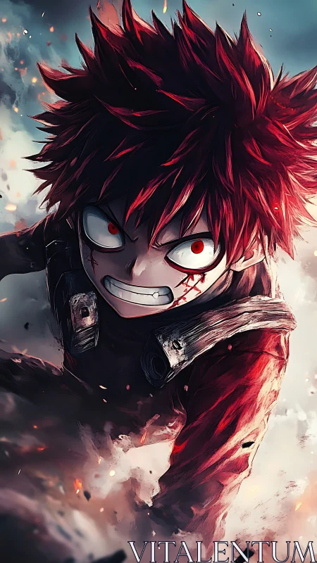 Fiery haired anime hero charges forward with fierce resolve