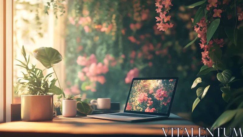 Laptop workspace nestles among lush plants and blossoms.
