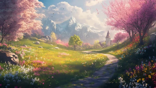 Idyllic spring valley path leads toward distant alpine tower
