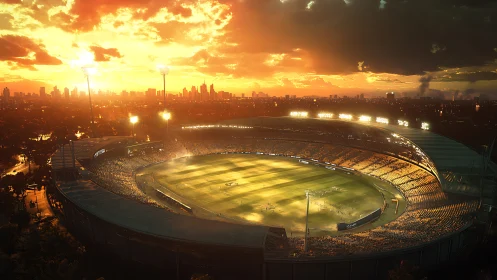 Sunset cricket stadium glowing above the buzzing city.