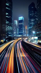 Nocturnal city freeway with neon light trails in motion.