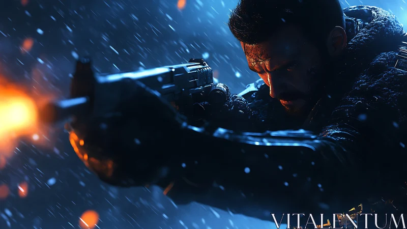 Armed soldier firing weapon in heavy night snowfall.