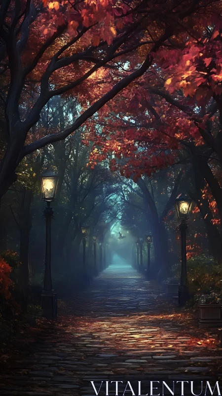 Lantern-lit autumn tunnel where cobblestones remember footsteps.