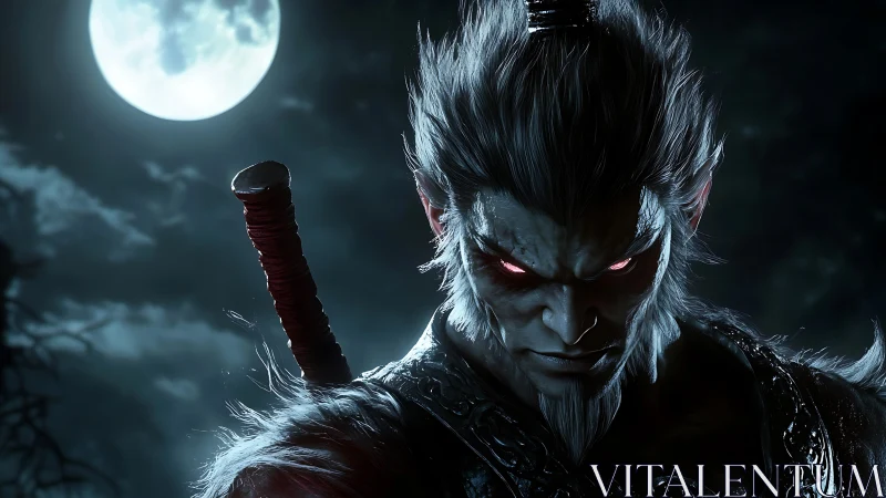 Cinematic 3D demon warrior portrait under high moonlight.