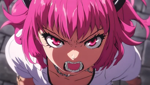 Intense pink haired anime girl roaring with fanged open mouth