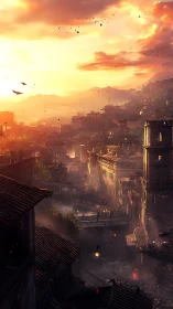 Golden dusk settles gently over a quiet fantasy city