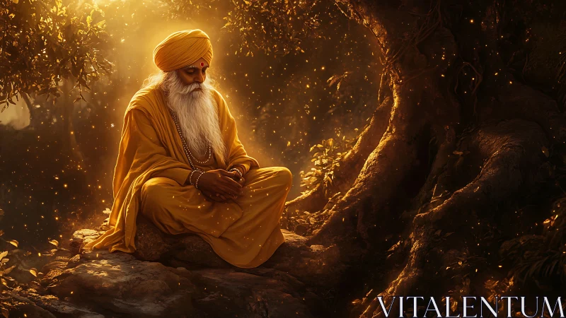 Golden mystic listens to the forest breathe in quiet light