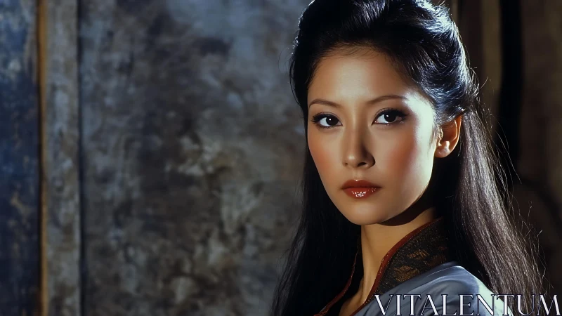 Elegant woman gazes calmly against a moody textured wall