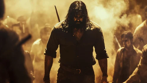 Brooding long haired man stands amid dusty angry crowd.