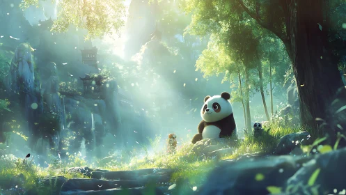 Digital painting of pandas in ethereal misty bamboo valley scene.