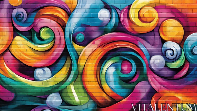 Vibrant swirling graffiti murals color a textured urban wall.