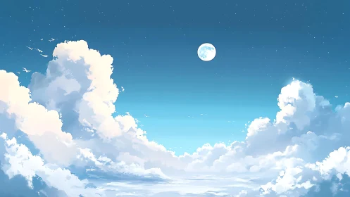 Full moon rises above luminous cumulus clouds at twilight