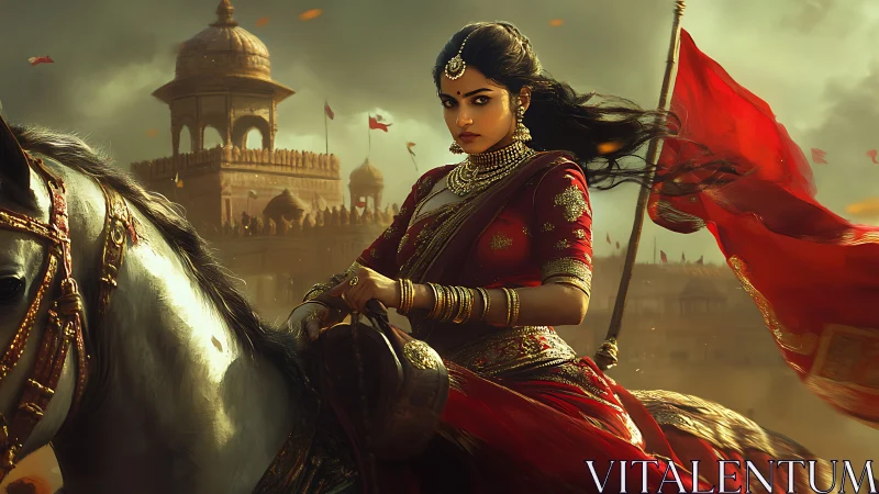 Warrior Queen in Red Sari on Horseback, Epic Historical Style.