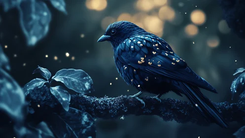 Mystical Dark Bird Perched on Illuminated Branch