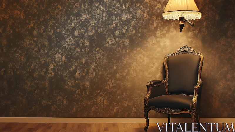 Baroque leather armchair under warm sconce lighting in corner.