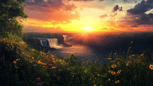 Sunlit river canyon with tiered waterfalls and dense floral foreground