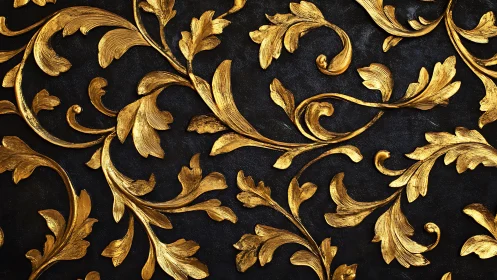 Baroque gilt foliage relief on textured black ornamental field.