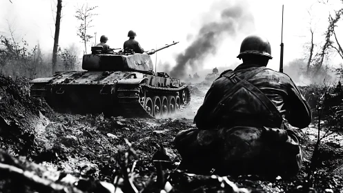 Monochrome battlefield composition isolates tank and infantry