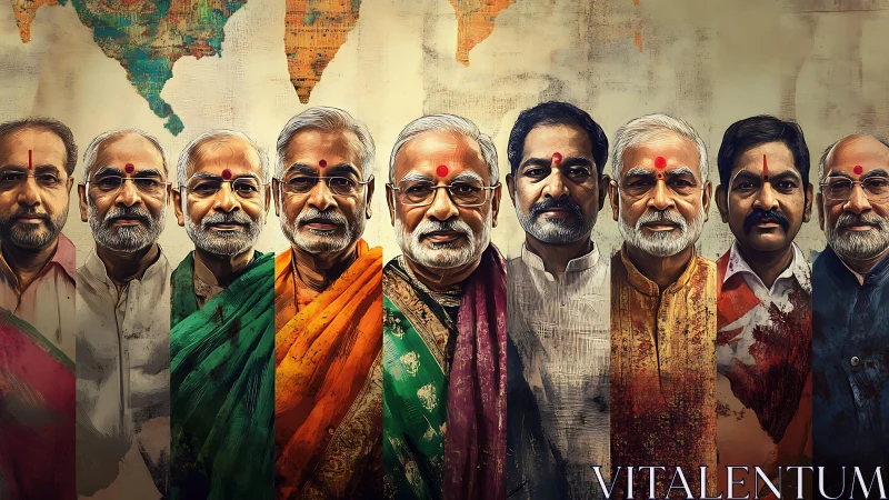 Portrait lineup of Indian men in traditional attire and tilak.