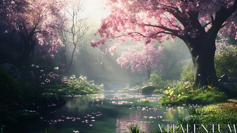 Cherry blossom grove glows over a tranquil spring creek.