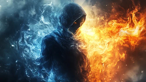 Hooded elemental figure divides swirling fire and ice energies